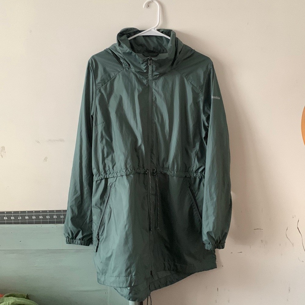 Columbia teal trench long rain jacket with hood large